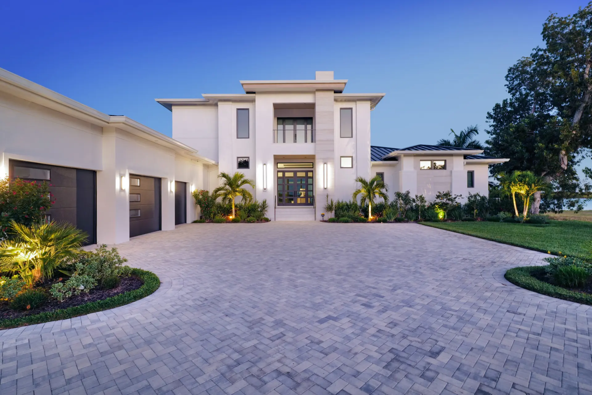 Waterfront home at dusk